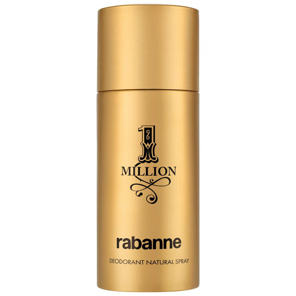 Gold deodorant spray bottle with '1 Million' branding on a white background