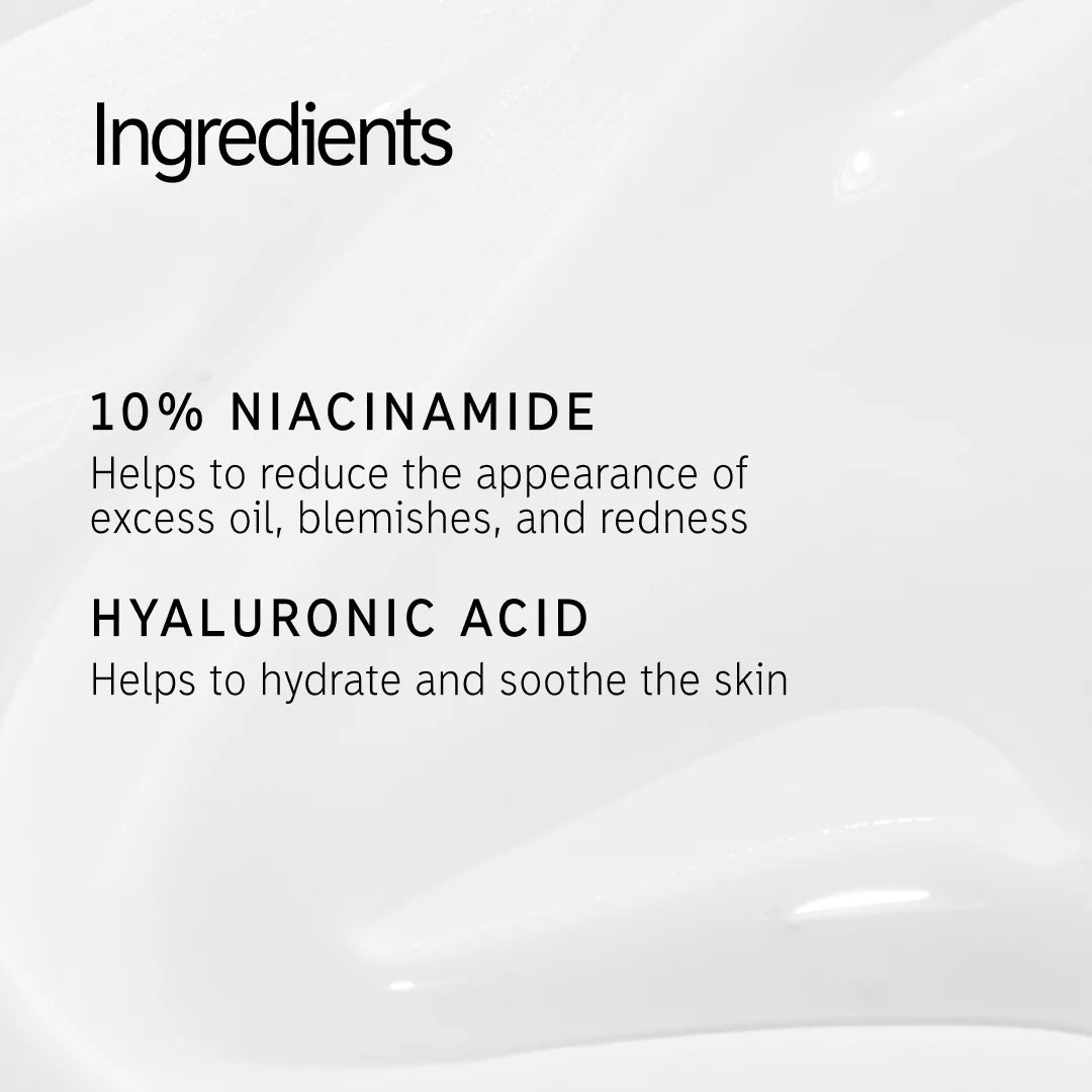 Text on a white background: The INKEY List™ Niacinamide Serum 30ml – This formula with 10% Niacinamide helps reduce excess oil, blemishes, and redness for acne-prone skin, while Hyaluronic Acid hydrates and soothes. Background shows subtle skincare texture. Brand: The Inkey List.