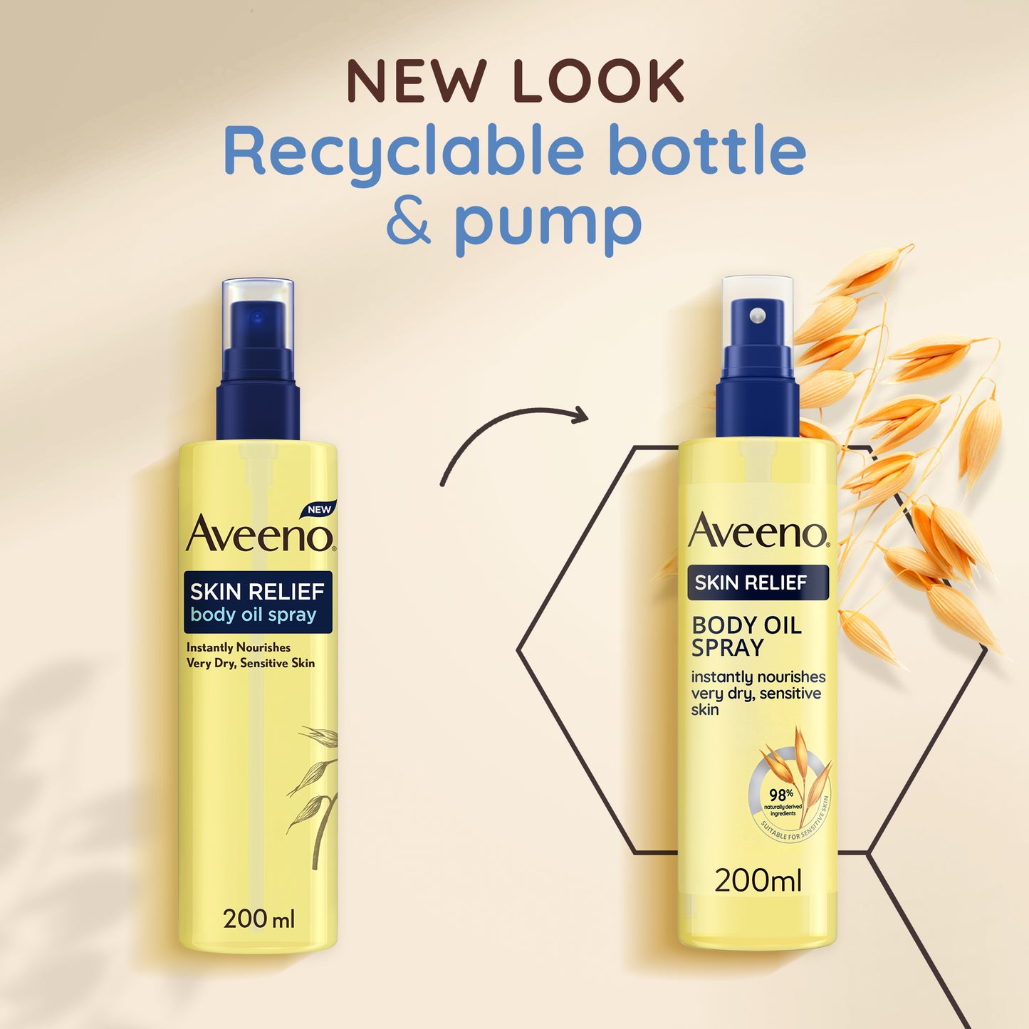 Two yellow 200ml bottles of AVEENO® Skin Relief Body Oil Spray are displayed; the left has a push pump, and the right features a new spray nozzle. Text above highlights the recyclable packaging with nourishing oat oil, accompanied by oat graphics in the background.