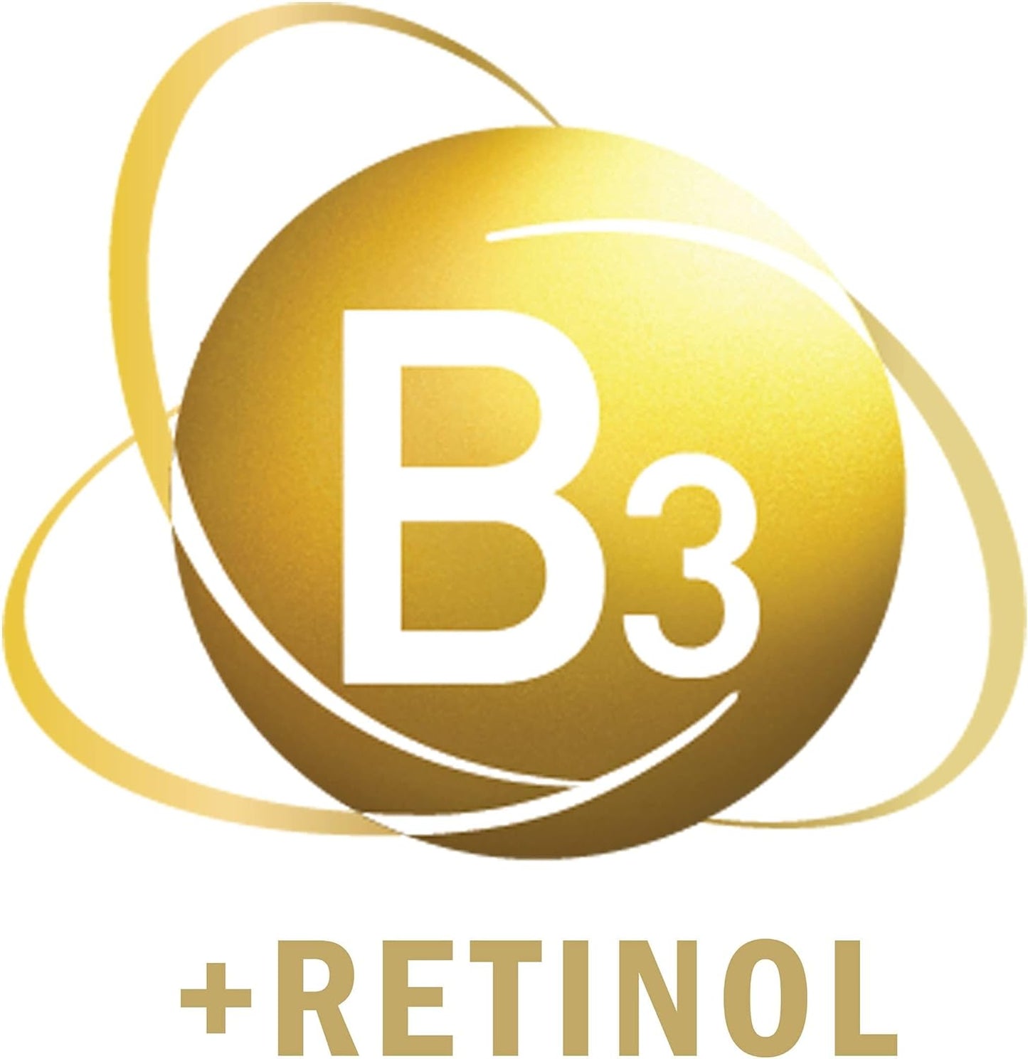 A golden orb with B3 inside is encircled by curved lines, and beneath it reads +Retinol in gold. This design represents the Olay Cleansing & Renewing Nighttime Body Wash with Vitamin B3 and Retinol, offering skincare benefits for radiant skin.