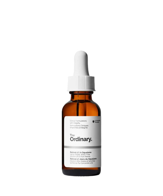A brown glass dropper bottle of The Ordinary Retinol 1% In Squalane 30ml, an anti-ageing serum with a white label featuring black text. It has a white dropper cap and prominently displays the logo and product name on the front.