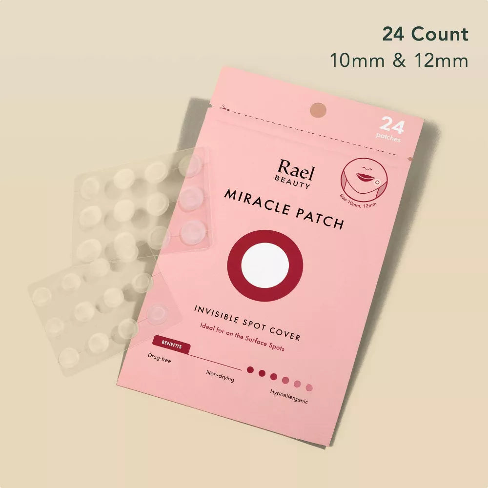 The pink-packaged Rael Beauty Miracle Patch features 24 invisible pimple patches for acne recovery in 10mm and 12mm sizes. Experience drug-free, non-drying, hypoallergenic care with spot covers visibly showcased beside the package.