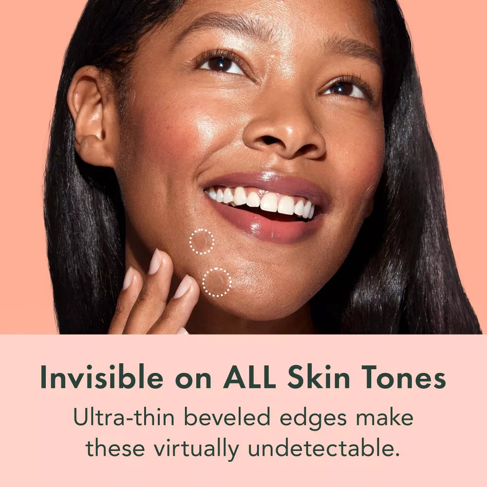 A person smiles, touching their chin with Rael Beauty Miracle Patch Invisible Acne Pimple Treatment. The text states, Invisible on ALL Skin Tones. Ultra-thin beveled edges make these virtually undetectable. The background is peach-colored.