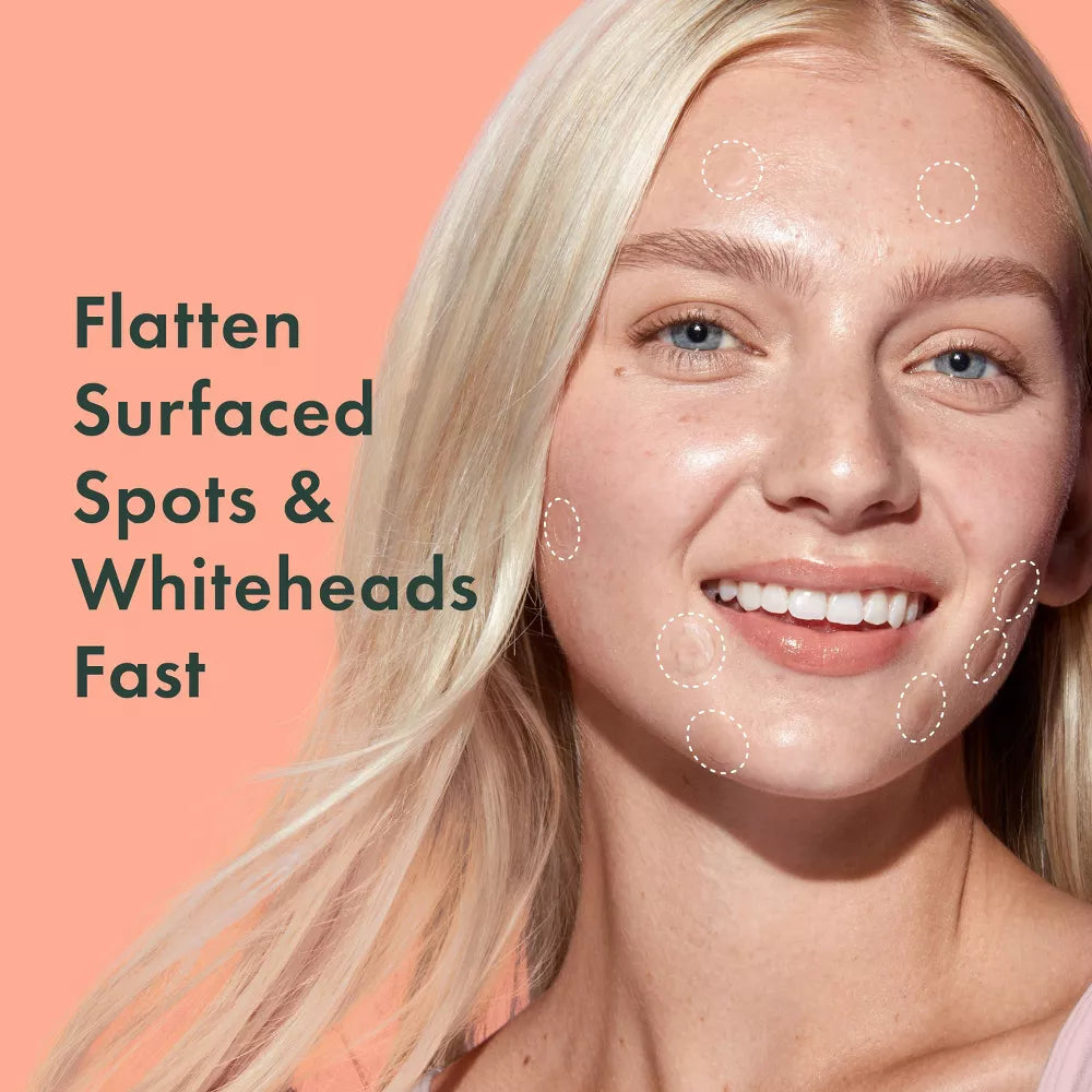 A smiling blonde showcases clear skin with dotted circles, highlighting targeted treatment. The text Rael Beauty Miracle Patch Invisible Acne Pimple Treatment for All Skin Types, Spot Cover, 24 Count on a peach background emphasizes the power of pimple patches.