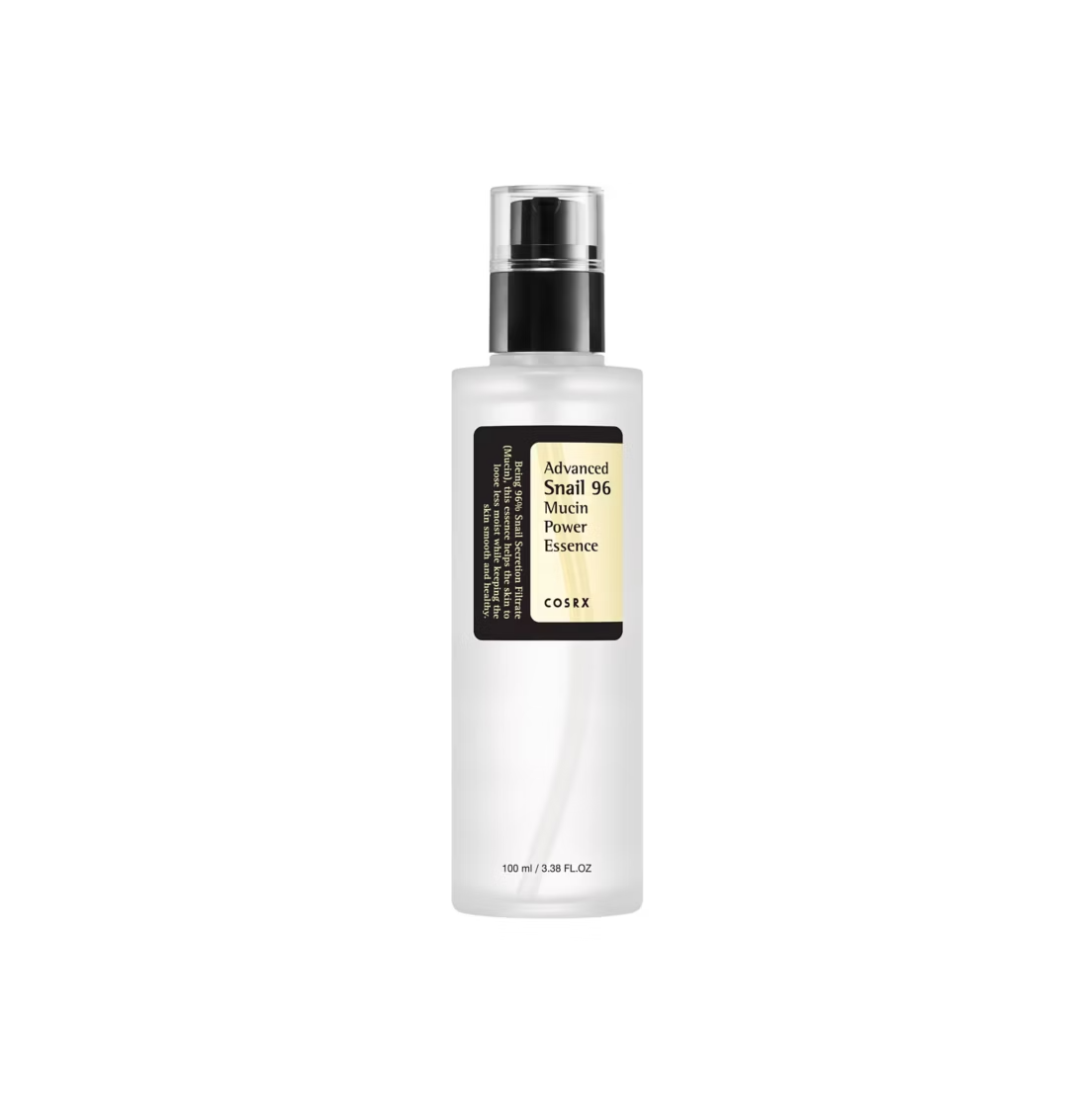 Image of a cylindrical bottle with a black pump dispenser. The label reads COSRX Snail Mucin 96% Power Repairing Essence, featuring powerful snail secretion filtrate. This hydrating serum reduces dark spots and contains 100 ml or 3.38 fl oz of essence from COSRX.