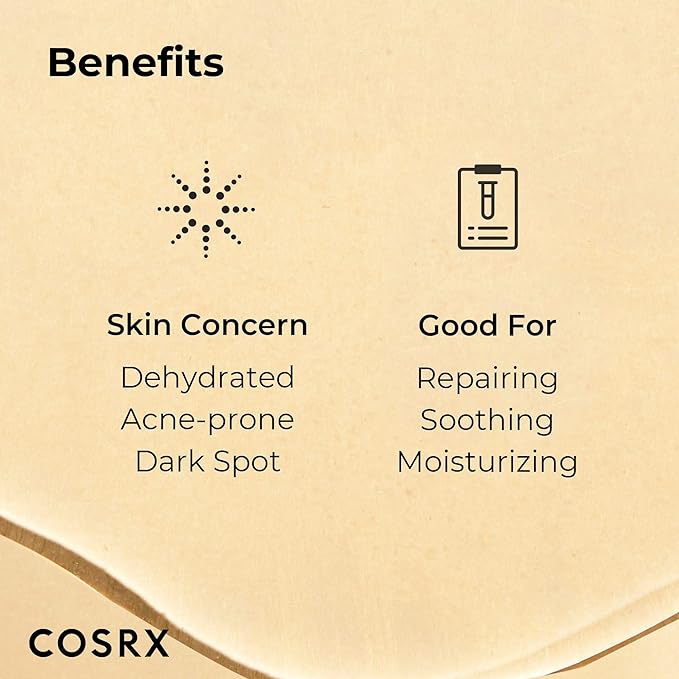 A beige graphic showcases the skincare benefits of COSRX Snail Mucin 96% Power Repairing Essence. Skin Concern: Dehydrated, Acne-prone, Dark Spots appears with a star icon, while Good For: Repairing, Soothing, Moisturizing featuring snail secretion filtrate is noted with a dropper icon.