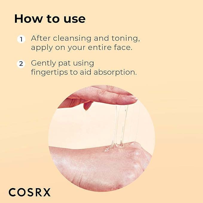 Instructions for using COSRX Snail Mucin 96% Power Repairing Essence: Step 1: After cleansing and toning, apply the serum with snail secretion filtrate on your face. Step 2: Gently pat with fingertips for absorption. Image shows the products stretching gel texture on a persons hand.