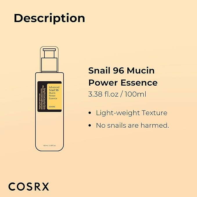 COSRX Snail Mucin 96% Power Repairing Essence features a 3.38 OZ/100ML bottle, enriched with snail secretion filtrate for dark spot treatment. Highlights include a lightweight texture and cruelty-free practices on a tan background.