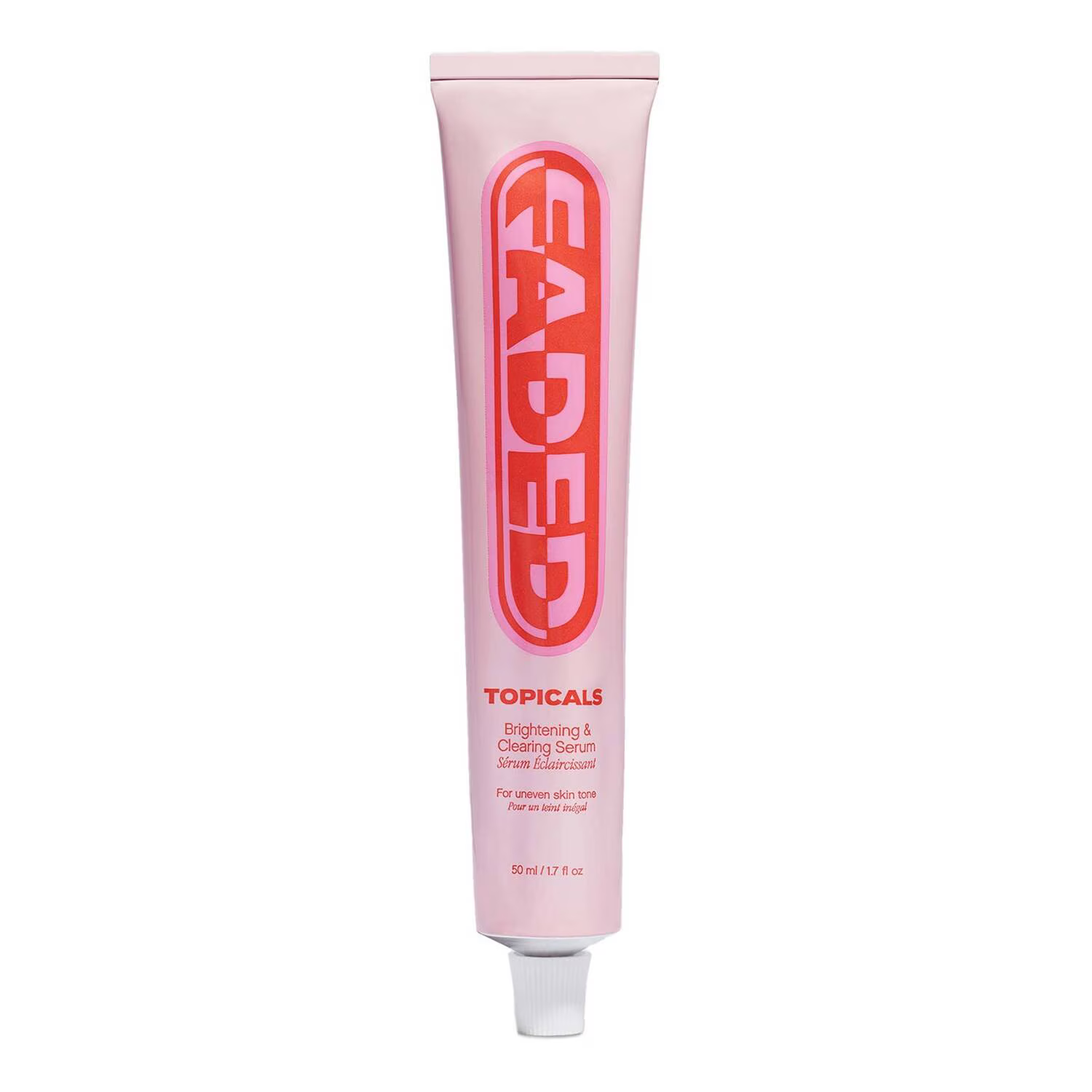 A pink tube of Topicals Faded Brightening and Clearing Serum by TOPICALS, ideal for sensitive skin, with bold red lettering highlighting its dark spot targeting formula, topped with a sleek white cap.