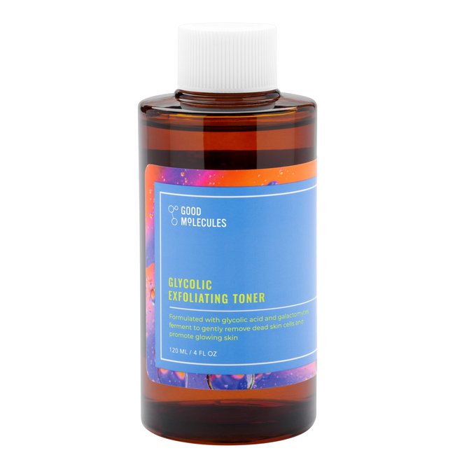 The Good Molecules Glycolic Exfoliating Toner comes in a brown bottle with a white cap and features a blue label with colorful abstract designs. It contains 120 ml (4 fl oz) of glycolic acid exfoliating treatment.