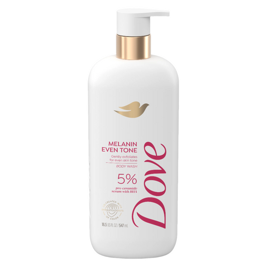 A white 18.5 fl oz Dove Melanin Even Skin Tone Body Wash with a gold pump and pink/gold label features 5% pro-ceramide serum with BHA, designed to gently exfoliate for an even skin tone, ideal for melanated skin.