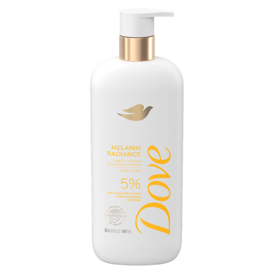 The Dove Melanin Radiance Body Wash features 5% pro-ceramide serum and a shea butter blend, designed for melanin-rich skin. It comes in an 18.5 oz white bottle with a pump top showcasing gold and orange text on the label.