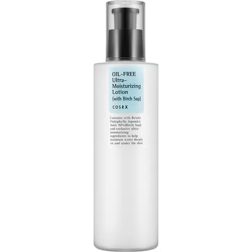 A COSRX Oil-Free Ultra Moisturizing Lotion (with Birch Sap) in a white bottle, featuring a black pump and blue label, highlights its clean beauty benefits and ingredients, making it an ideal acne facial moisturizer.