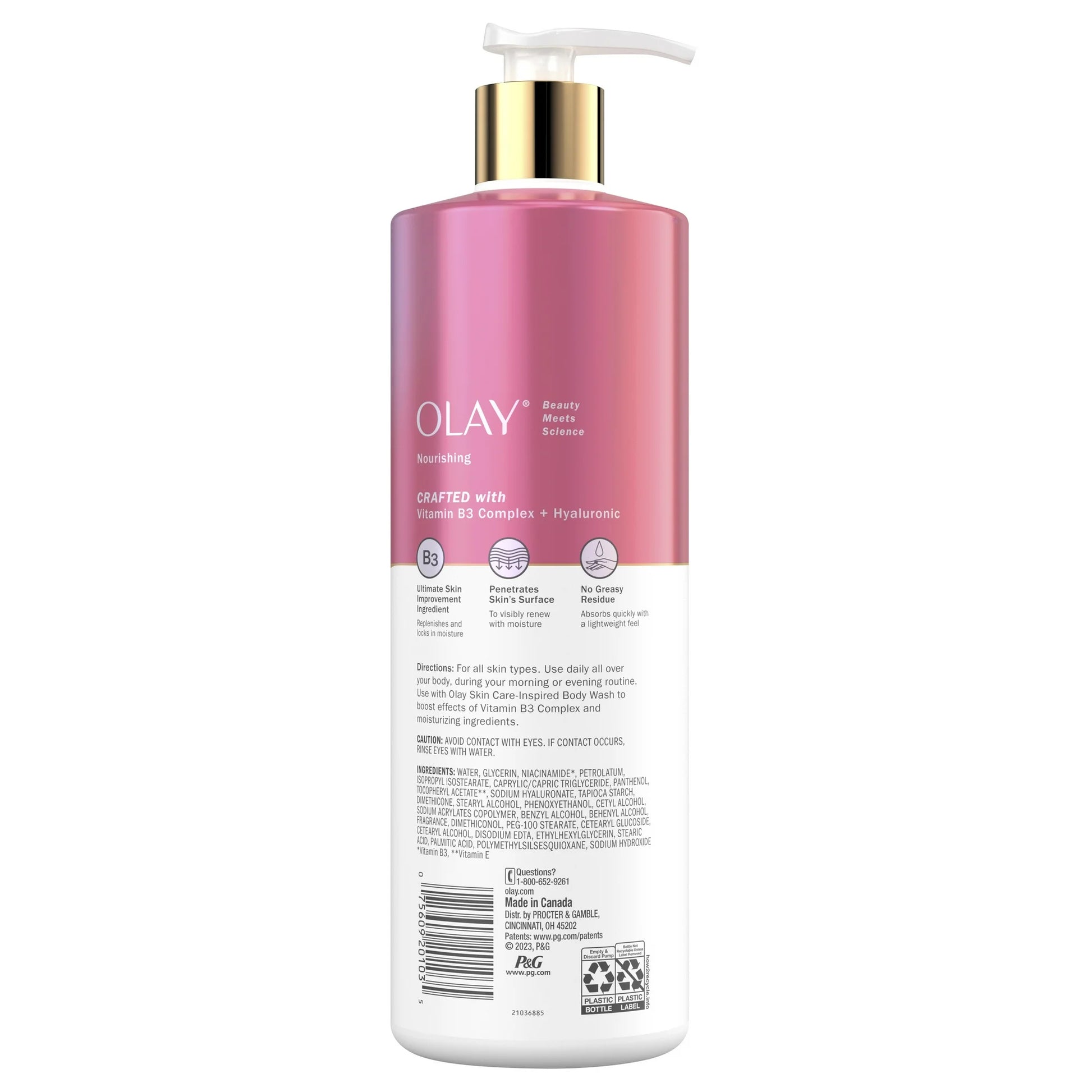 A 17 fl oz bottle of Olay Nourishing & Hydrating Body Lotion, featuring a pump dispenser, has packaging that transitions from pink to white and highlights benefits like Vitamin B3 Complex and hyaluronic acid for deep nourishment.