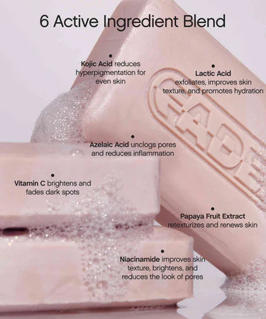 Three Topicals Faded Cleansing Bars stacked with bubbles, accompanied by a list of six active ingredients: Kojic Acid, Lactic Acid, Azelaic Acid, Vitamin C, Papaya Fruit Extract, and Niacinamide, describing their skin-brightening and exfoliating benefits.