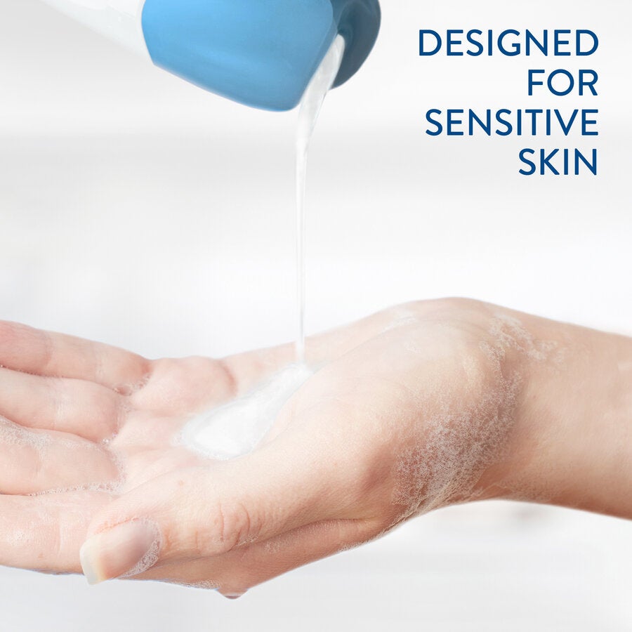 Someone dispenses a white, creamy lotion from Cetaphil Ultra Gentle Body Washs bottle with a blue cap, emphasizing its DESIGNED FOR SENSITIVE SKIN feature, ideal for protecting your skins moisture barrier.