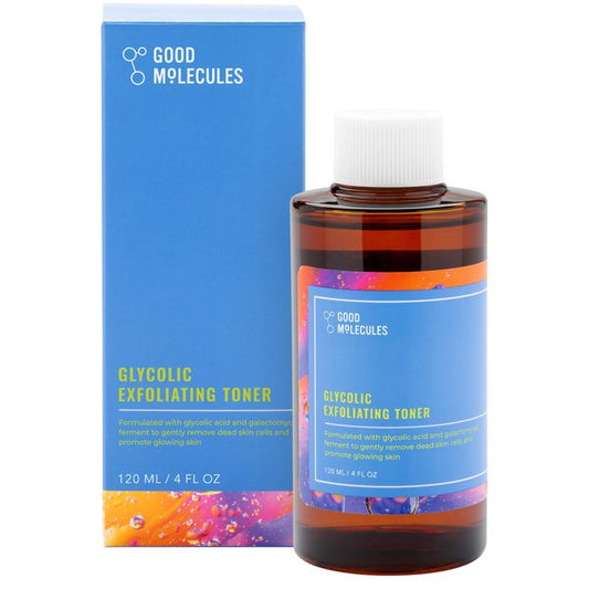 A 120 ml (4 fl oz) bottle of Good Molecules Glycolic Exfoliating Toner, featuring glycolic acid, is placed next to its blue packaging. Both the box and bottle prominently display the products name and details.