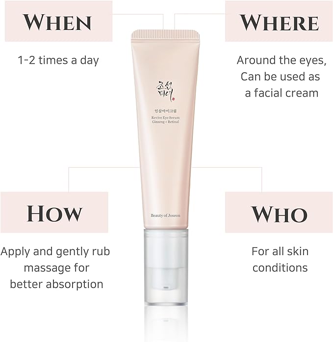 The BEAUTY OF JOSEON Revive Eye Serum: Ginseng + Retinal (30ml) by Beauty of Joseon is an eye serum for all skin types. Use 1-2 times daily around the eyes or as a facial cream, gently massaging for better absorption. Enriched with ginseng extract for enhanced wrinkle reduction.