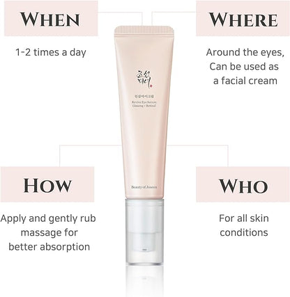 The BEAUTY OF JOSEON Revive Eye Serum: Ginseng + Retinal (30ml) by Beauty of Joseon is an eye serum for all skin types. Use 1-2 times daily around the eyes or as a facial cream, gently massaging for better absorption. Enriched with ginseng extract for enhanced wrinkle reduction.