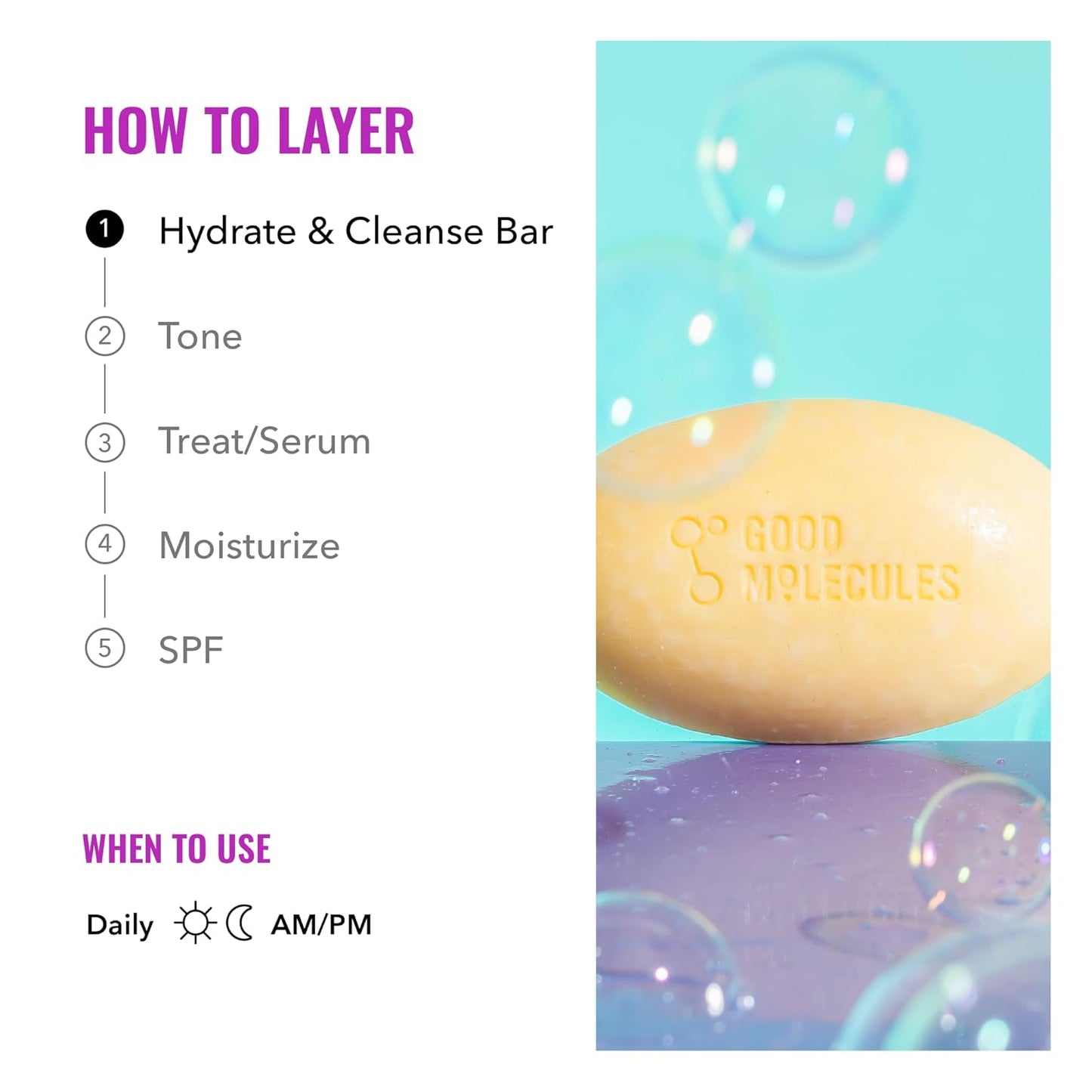 An image showcases the Good Molecules Hydrate & Cleanse Bar - 89g for sensitive skin, amidst bubbles. On the left are five steps concluding with SPF, plus a note on morning and evening daily use.
