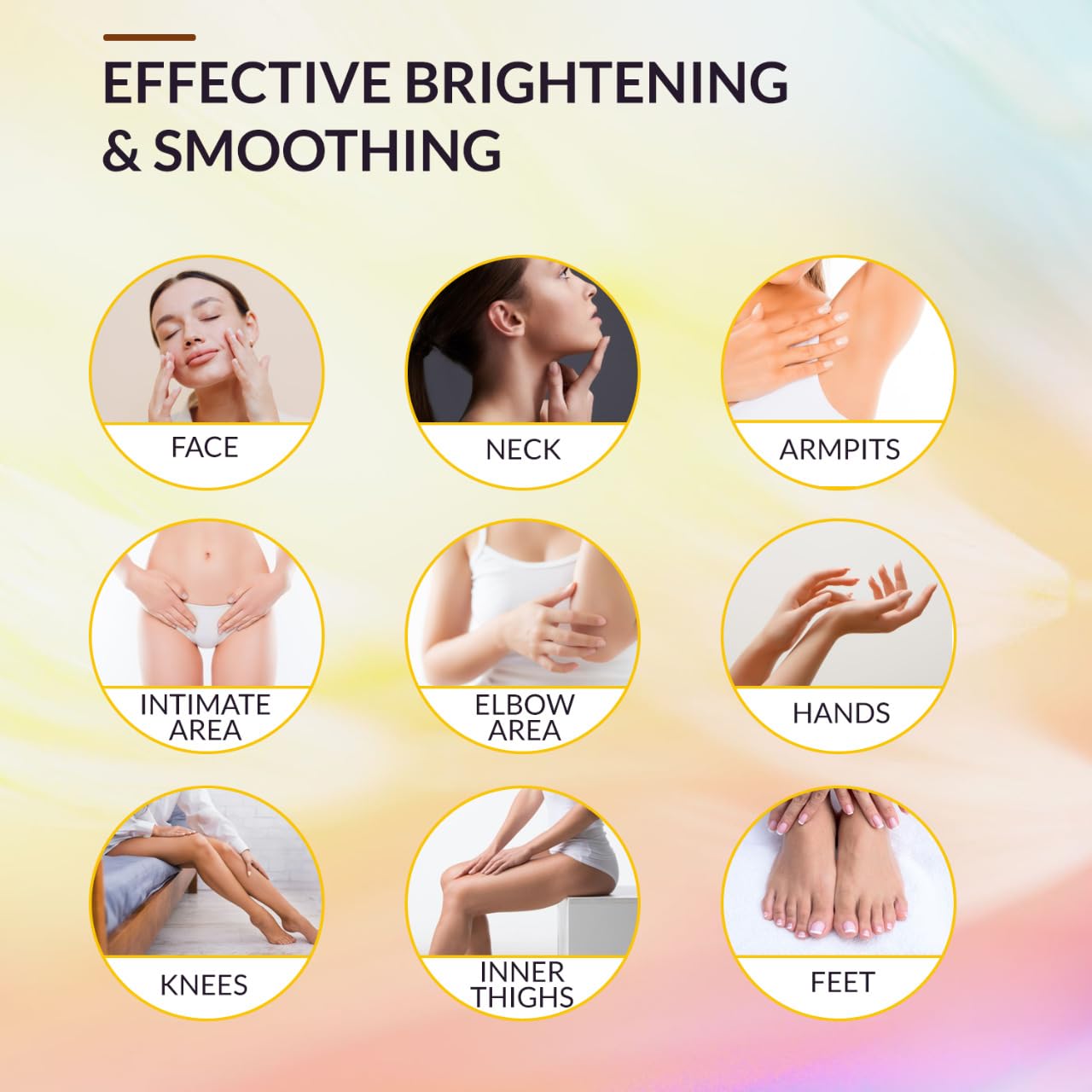 A collage displays labeled images of people using MOSANNE Kojic Acid Dark Spot Remover Soap on the face, neck, armpits, intimate area, elbows, hands, knees, inner thighs, and feet for brightening and smoothing purposes.