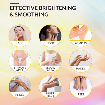 A collage displays labeled images of people using MOSANNE Kojic Acid Dark Spot Remover Soap on the face, neck, armpits, intimate area, elbows, hands, knees, inner thighs, and feet for brightening and smoothing purposes.