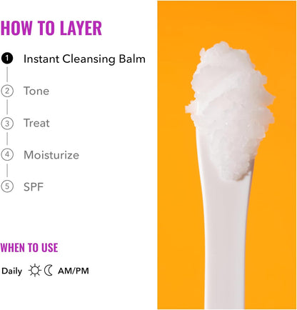 Image featuring a skincare layering guide on an orange background: Step 1) Good Molecules Instant Cleansing Balm - 75g to remove makeup, 2) Tone, 3) Treat, 4) Moisturize, 5) SPF. Use daily for nourishment and cleansing both AM/PM. The image includes a scoop of cleansing balm on a spatula.