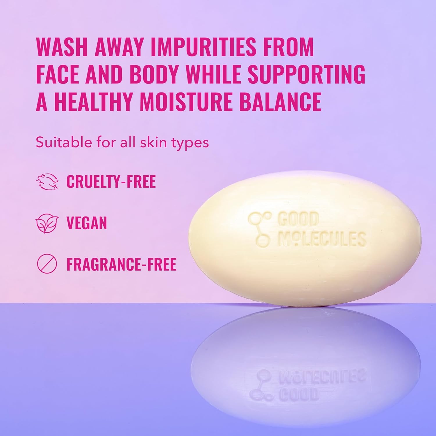 A Good Molecules Hydrate & Cleanse Bar - 89g is shown on a purple background. Highlights include cruelty-free, vegan, fragrance-free attributes. Its ideal for sensitive skin, removing impurities while maintaining moisture balance for all skin types.