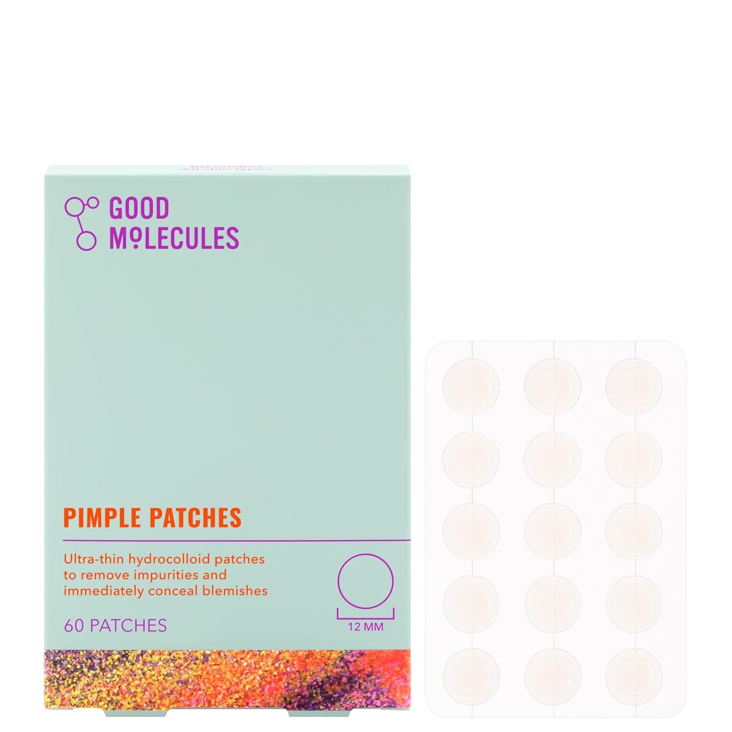 A turquoise box of Good Molecules Pimple Patches contains 60 ultra-thin hydrocolloid patches with an orange and red speckled design, along with a sheet of circular patches displayed beside it, ready to effectively tackle blemishes.