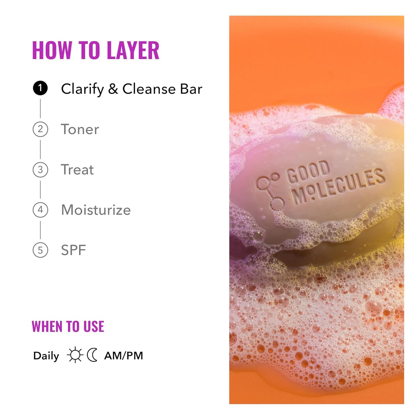 A skincare routine includes five steps: Good Molecules Clarify & Cleanse Bar (with tea tree oil), Toner, Treat, Moisturize, and SPF. The first step uses a foamy bar by Good Molecules and is done daily, morning and evening.
