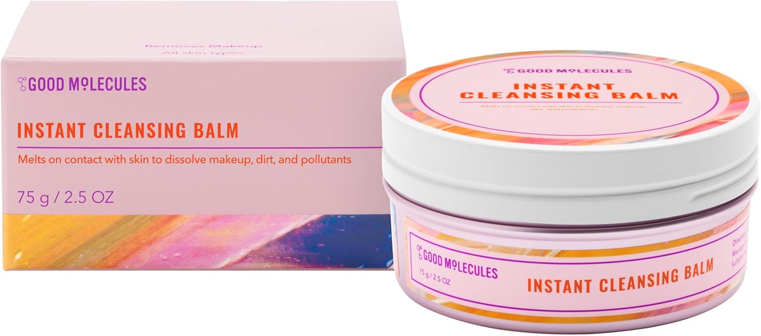 A pink and white jar of Good Molecules Instant Cleansing Balm - 75g sits elegantly beside its vibrant box, highlighting its nourishing and cleansing properties that effectively remove makeup, dirt, and pollutants.