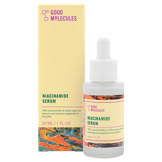 The Good Molecules Niacinamide Serum 30ml from Good Molecules comes in a yellow box with an abstract design and contains 10% niacinamide to enhance skin texture and refine pores for smooth skin.