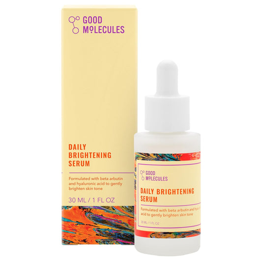 A bottle and box of Good Molecules Daily Brightening Serum 30ml with a white dropper cap and yellow label. This serum from Good Molecules contains beta arbutin and hyaluronic acid for radiant skin.