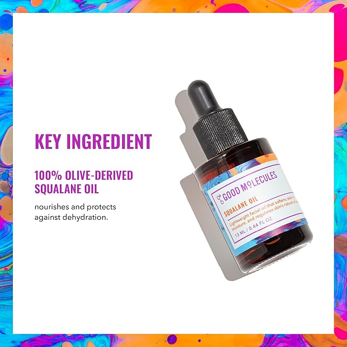 A tilted bottle of Good Molecules Squalane Oil on a white background with colorful edges, highlighting its 100% olive-derived squalane as the key ingredient.
