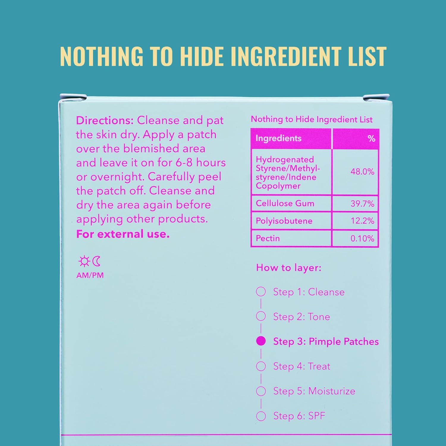 The Good Molecules Pimple Patches box contains 60 patches with instructions for cleansing, applying, and peeling. Ingredients include Hydrogenated Styrene, Cellulose Gum, Polyisobutene, and Pectin. Designed for external use only, these patches offer a pimple solution using advanced hydrocolloid technology.
