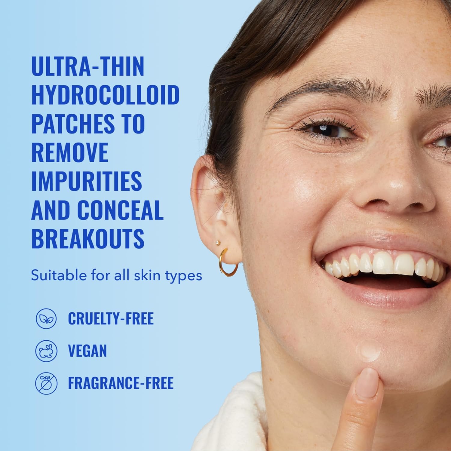 A person smiling and pointing to a Good Molecules pimple patch on their chin. Text reads: Ultra-thin acne patches to remove impurities and conceal breakouts. Suitable for all skin types. Cruelty-free, vegan, fragrance-free. Blue background.
