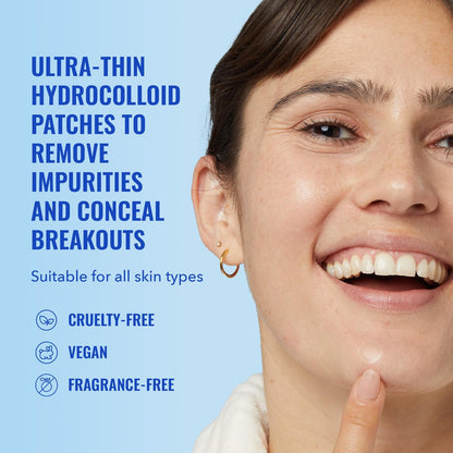 A person smiling and pointing to a Good Molecules pimple patch on their chin. Text reads: Ultra-thin acne patches to remove impurities and conceal breakouts. Suitable for all skin types. Cruelty-free, vegan, fragrance-free. Blue background.