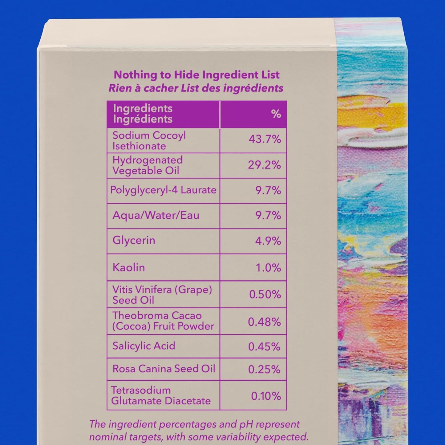 The Good Molecules Clarify & Cleanse Bar - 89g box showcases an ingredient list with 43.7% Sodium Cocoyl Isethionate and 0.05% Tetrasodium Glutamate Diacetate, featuring a colorful abstract design that suggests the refreshing essence of tea tree oil within.