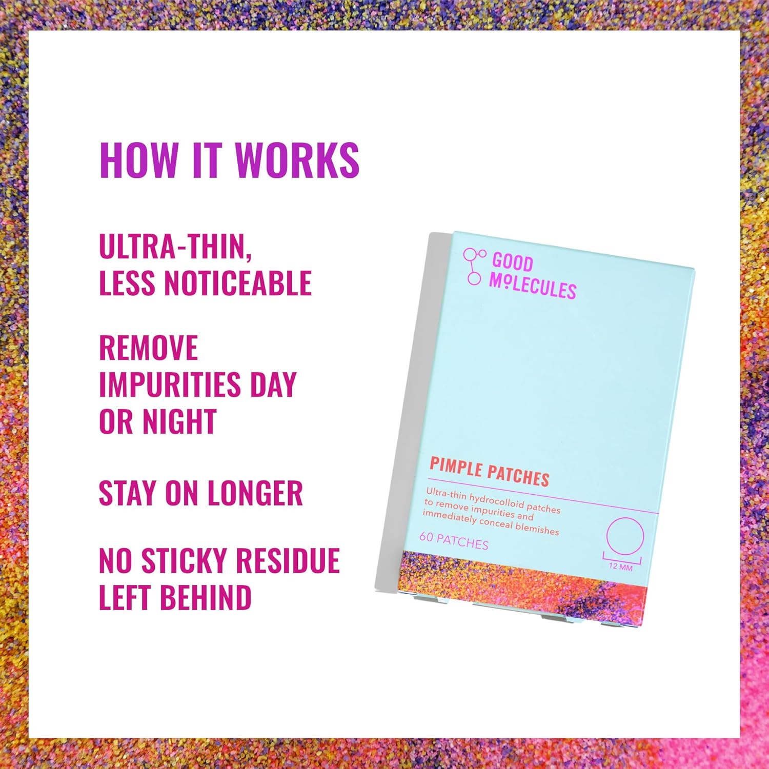 A box of Good Molecules Pimple Patches - 60 Patches is shown on a colorful speckled background, showcasing features like ultra-thin design, impurity removal, long-lasting effect, and no sticky residue.