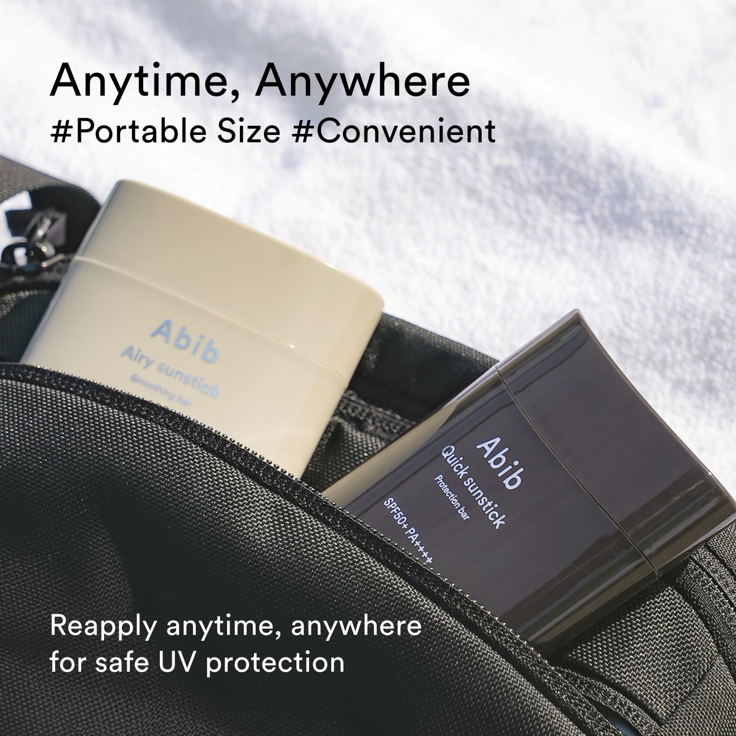 Two Abib Quick Sunstick Protection Bars SPF50+ PA++++ are visible from a black bag on a white background. Text reads: Anytime, Anywhere #SPF50+ PA++++ #Convenient and Reapply anytime for safe UV protection with Korean sunstick that strengthens your skin barrier.