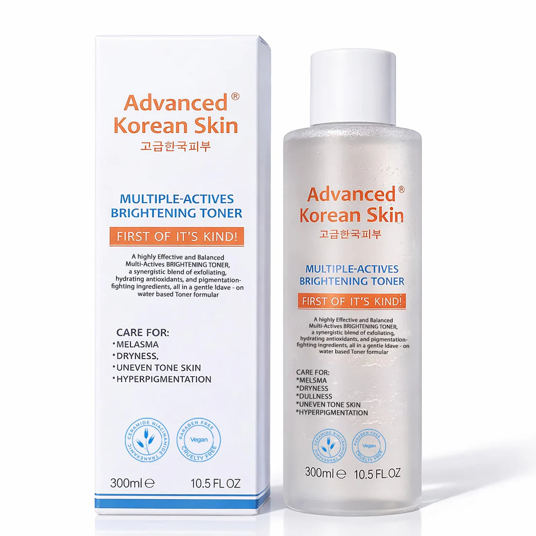 Advanced Korean Skin Multiple-Actives Brightening Toner bottle and packaging on a white background