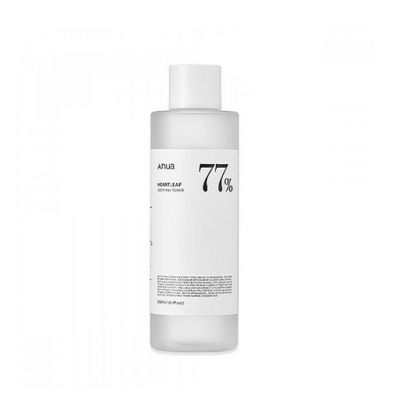 A clear plastic bottle with a white cap labeled “ANUA Heartleaf 77% Soothing Toner 250ml” from Anua, features minimalist black text on white. This mostly transparent toner contains 77% Houttuynia Cordata for a calming, soothing effect.