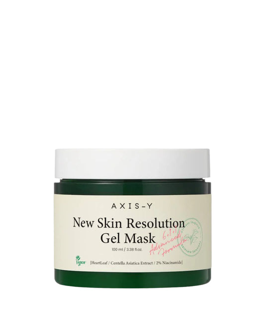A 100ml green jar of AXIS-Y New Skin Resolution Gel Mask features heartleaf, Centella asiatica extract, and 2% niacinamide for soothing care. The label includes handwritten red marks and a vegan symbol.