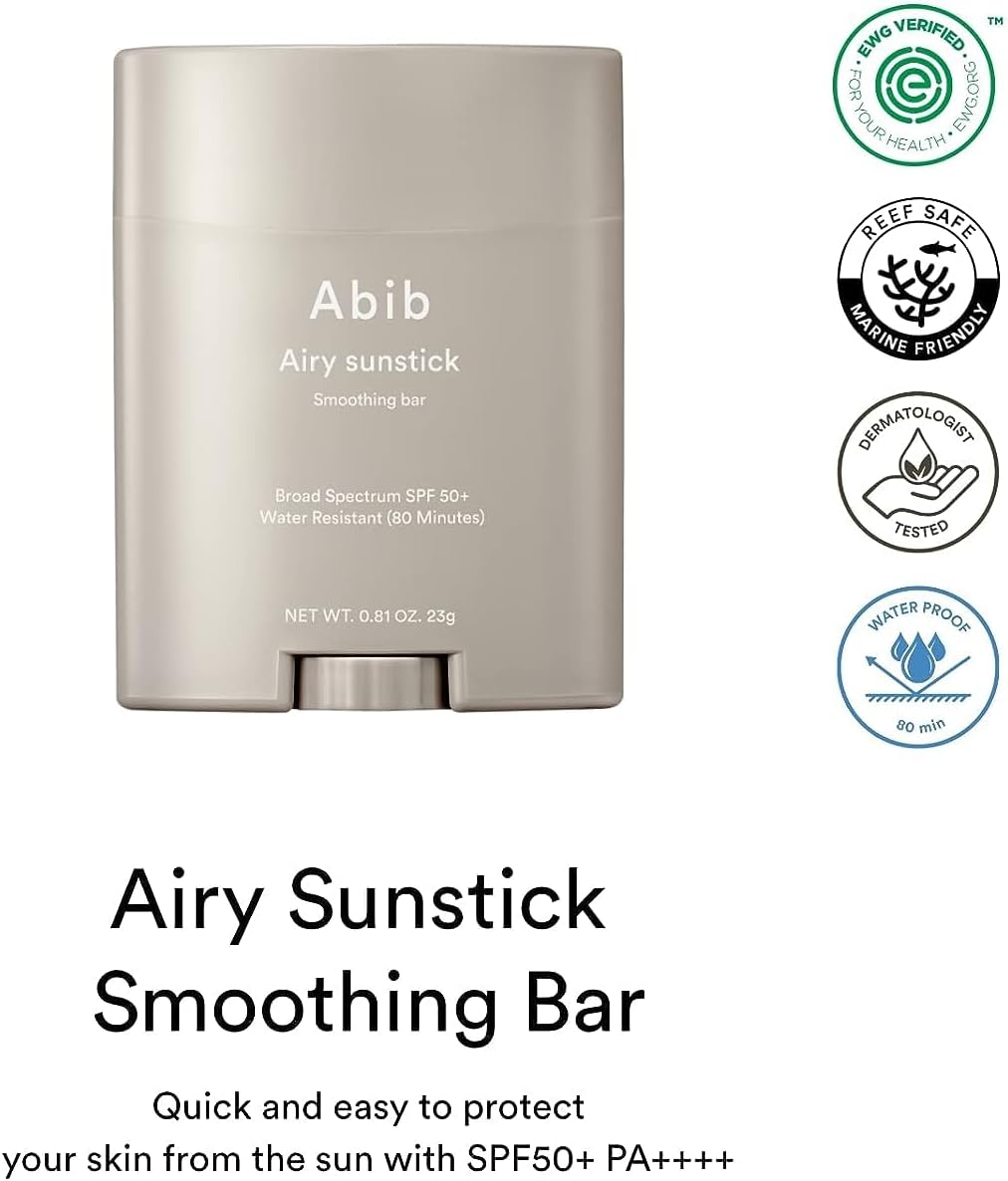 The Abib Airy Sunstick Smoothing Bar SPF50+ PA++++ comes in a beige container. This eco-friendly, reef-safe, dermatologist-tested, waterproof organic sun stick highlights its protective and user-friendly features in the text below.