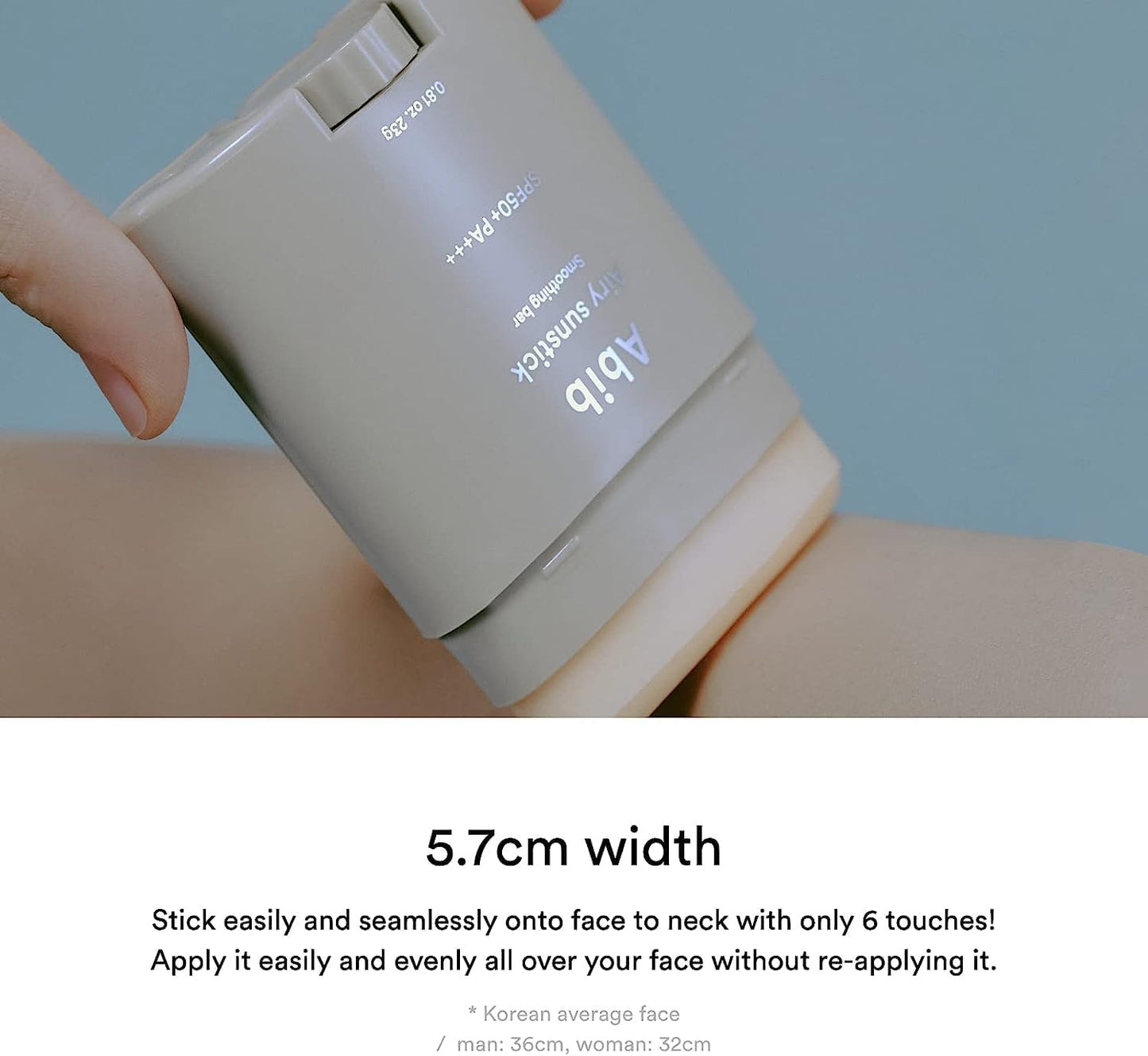 A close-up shows a hand holding the Abib Airy Sunstick Smoothing Bar, a 23g organic sun stick in light beige with SPF50+ PA++++. Its 5.7cm width allows for easy application in six swipes, suitable for both men and women. Labeled Abib.