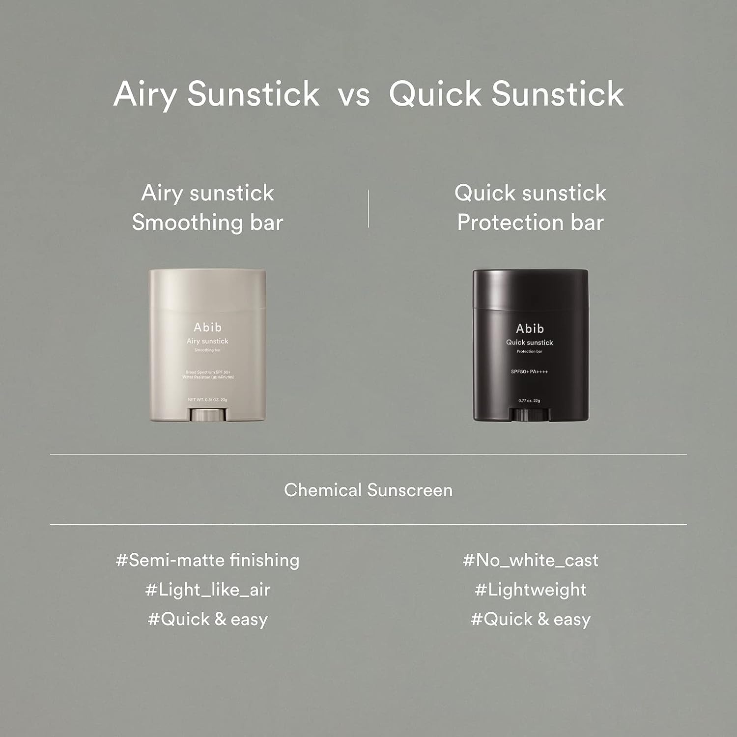 Comparison image of two sunsticks: Abibs Airy Sunstick Smoothing Bar (beige) offers a semi-matte finish, while the Quick Sunstick (black) provides robust SPF50+ PA++++ protection. Both are lightweight, easy-to-use organic sun sticks with no white cast.