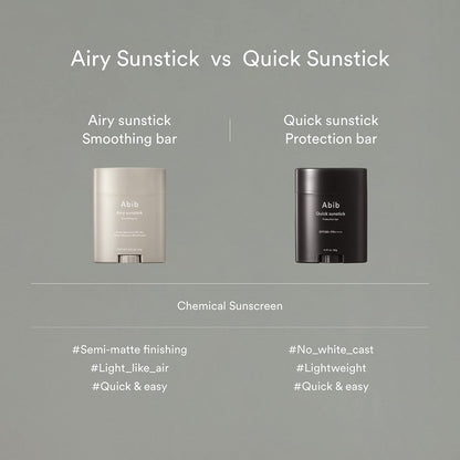 Comparison image of two sunsticks: Abibs Airy Sunstick Smoothing Bar (beige) offers a semi-matte finish, while the Quick Sunstick (black) provides robust SPF50+ PA++++ protection. Both are lightweight, easy-to-use organic sun sticks with no white cast.