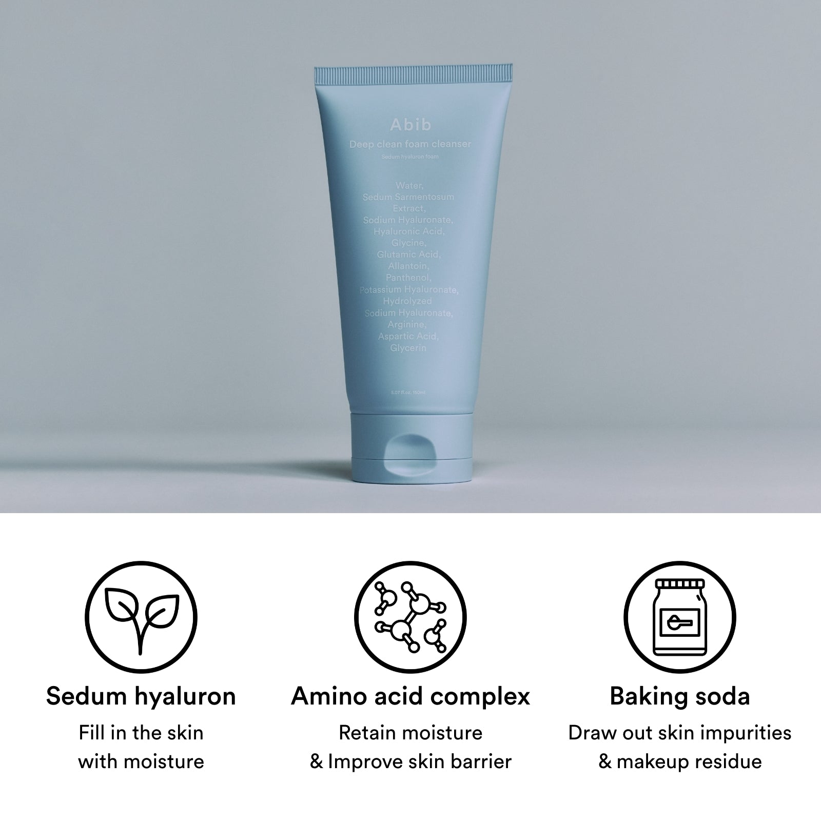 The Abib Deep Clean Foam Cleanser: Sedum Hyaluron Foam 150ml rests against a neutral backdrop, highlighting its key ingredients like Sedum hyaluron, an amino acid complex, and baking soda. Perfect for sensitive skin, icons briefly explain their benefits.