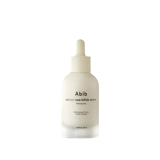 ABIB Jericho Rose Bifida Serum Firming Drop 50ml in a frosted glass bottle with a dropper, featuring a minimalistic design and labeled skincare benefits.