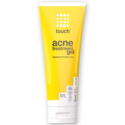 Bright yellow tube of Touch Acne Treatment Gel with 2.5% benzoyl peroxide, 8 oz (227g), made in the USA, designed for acne treatment.